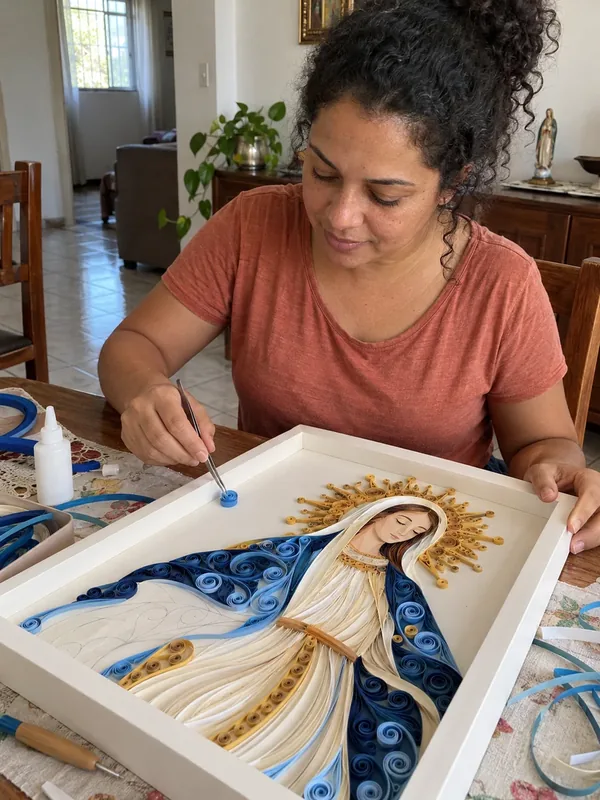 Cena ilustrativa: mulher montando quadro de Nossa Senhora em quilling
