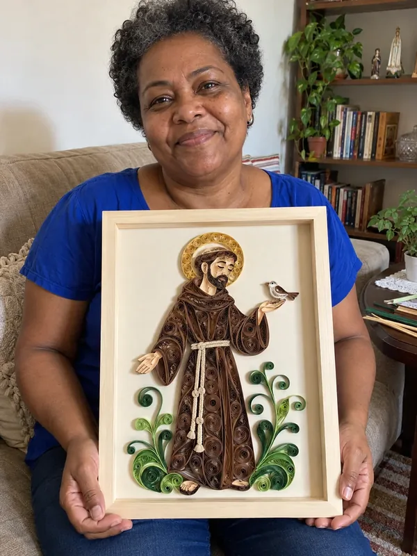 Cena ilustrativa: mulher mostrando quadro de São Francisco em papel