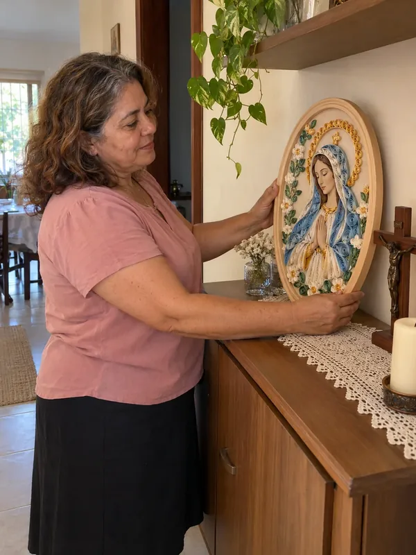 Cena ilustrativa: mulher decorando seu cantinho de oração com quadro mariano