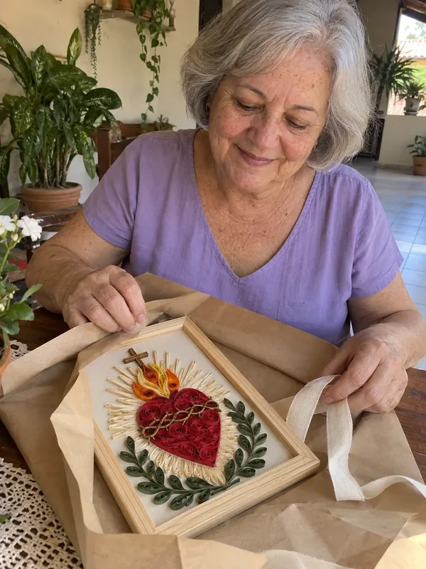 Cena ilustrativa: mulher preparando presente com Sagrado Coração em quilling
