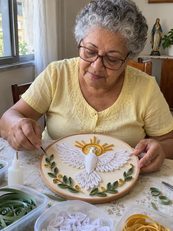 Cena ilustrativa: mulher montando decoração do Espírito Santo em papel