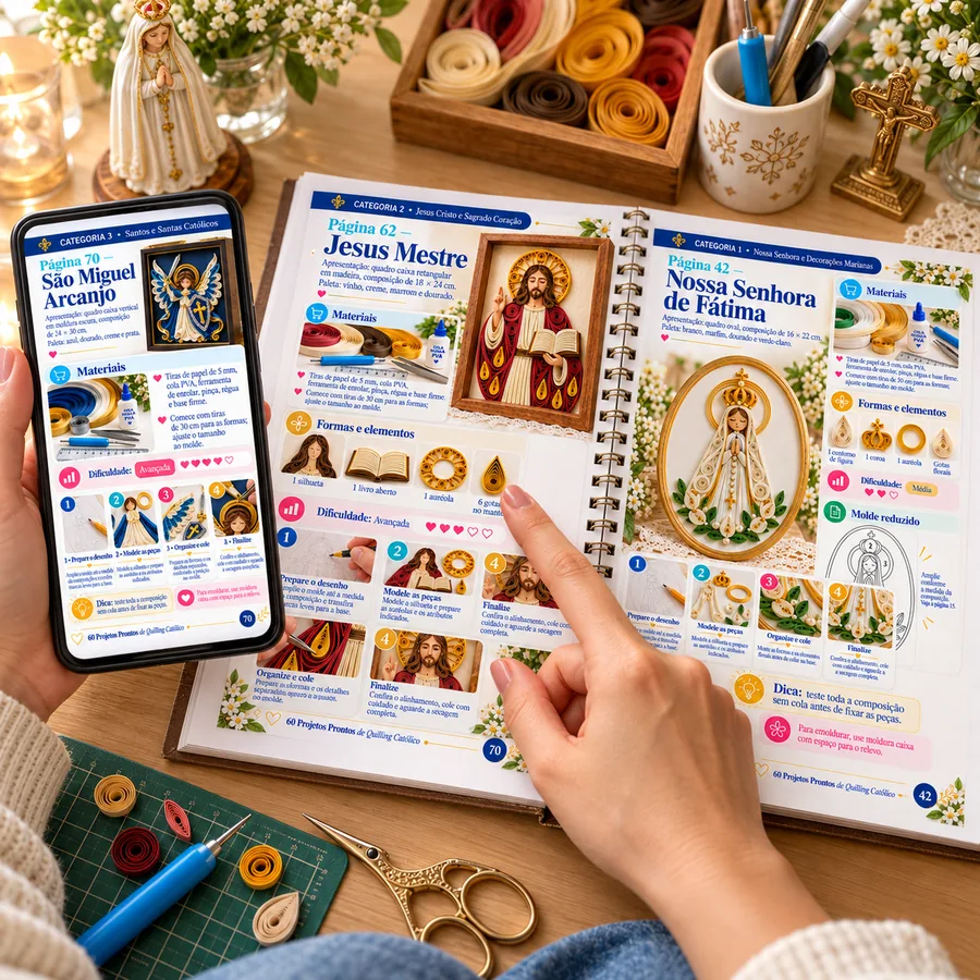 Caderno aberto de Quilling Católico e celular em uso, imagem escolhida pelo usuário
